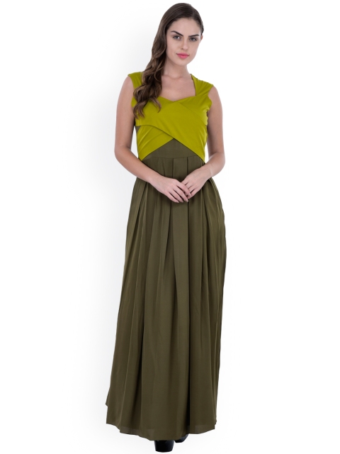 Athena Women Olive Green Solid Maxi Dress