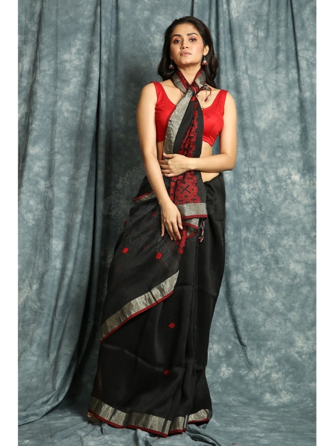 Charukriti Black & Red Woven Design Zari Saree