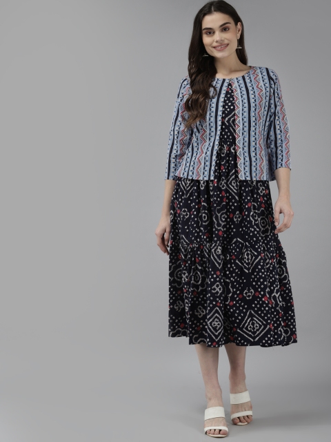 Yufta Women Blue & White Pure Cotton Ethnic Motifs A-Line Midi Dress with Jacket
Yufta Women Blue & White Pure Cotton Ethnic Motifs A-Line Midi Dress with Jacket