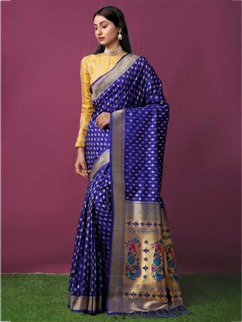 Unnati Silks Blue & Gold-Toned Ethnic Motifs Zari Kanjeevaram Saree