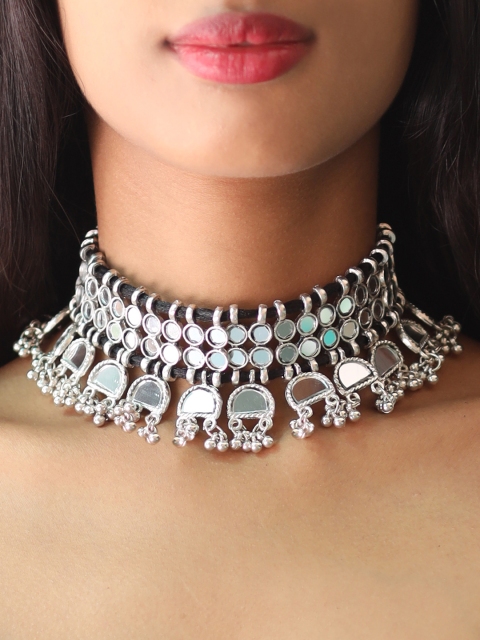 Ayesha Women Silver-Toned & Black Handcrafted Mirror Work Choker Necklace