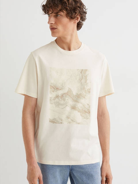 H&M Men Beige Regular Fit Cotton T-shirt