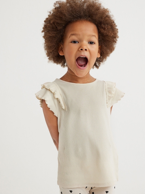 H&M Girls 3-Pack Ribbed Tops, Beige