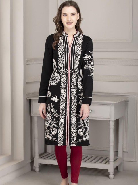 Lakshita Women Charcoal & White Floral Embroidered Kurta