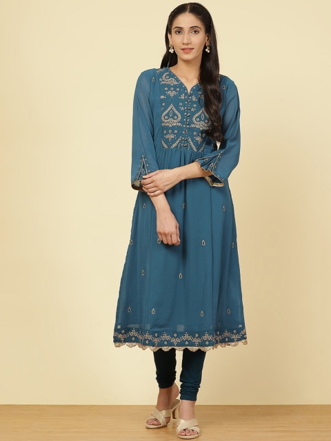 Lakshita Women Teal Blue & Gold-Toned Ethnic Motifs Embroidered Cotton Kurta