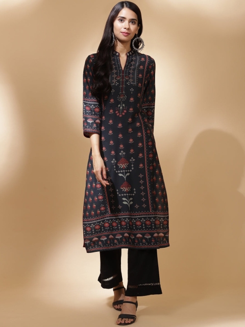 Lakshita Women Charcoal & Red Ethnic Motifs Printed Kurta