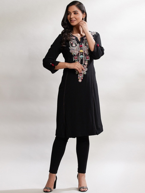 Lakshita Women Charcoal Floral Embroidered Flared Sleeves Thread Work Kurta, Black
