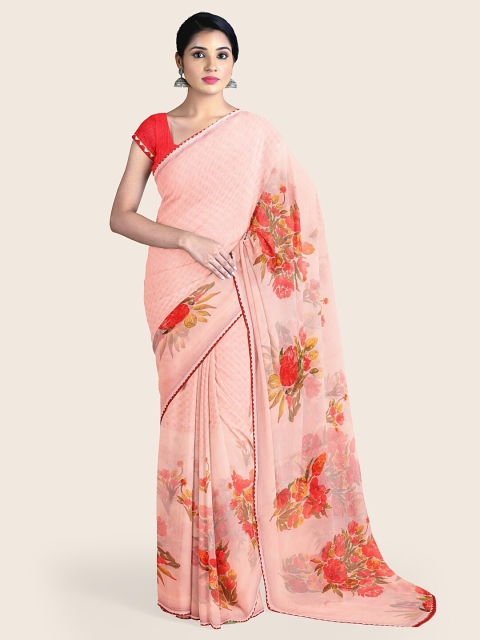 Pothys Pink & Red Floral Printed Polly Chiffon Saree
