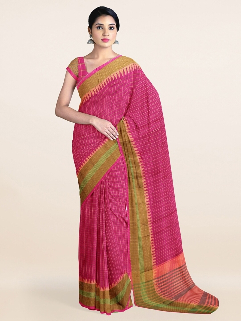 Pothys Pink & Green Checked Zari Saree