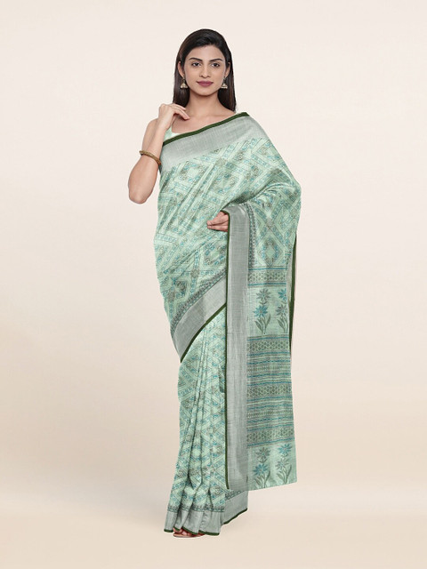 Pothys Sea Green & Silver-Toned Printed Zari Border Saree 
Pothys Sea Green & Silver-Toned Printed Zari Border Saree