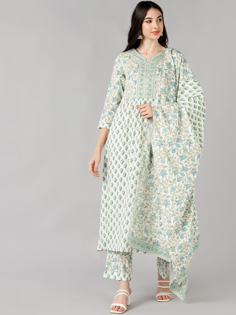 AHIKA Women Off White & Blue Floral Printed Pure Cotton Kurti with Palazzos & With Dupatta
AHIKA Women Off White & Blue Floral Printed Pure Cotton Kurti with Palazzos & With Dupatta