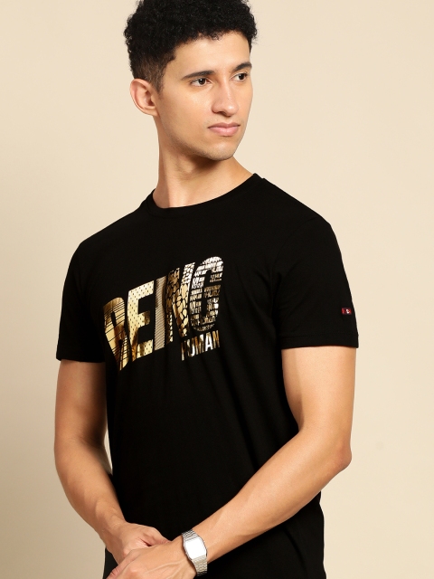 Being Human Men Black Brand Logo Printed Pure Cotton T-shirt