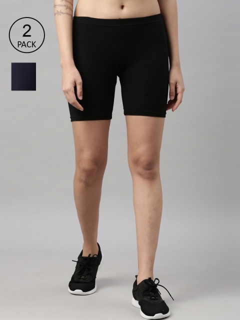 GOLDSTROMS Women Pack Of 2 Black & Navy Blue 4-Way Stretch Cotton Cycling Sports Shorts