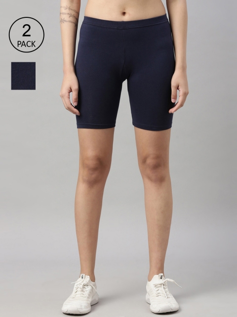 GOLDSTROMS Women Navy Blue Pack Of 2 Solid Cotton Cycling Biker Shorts