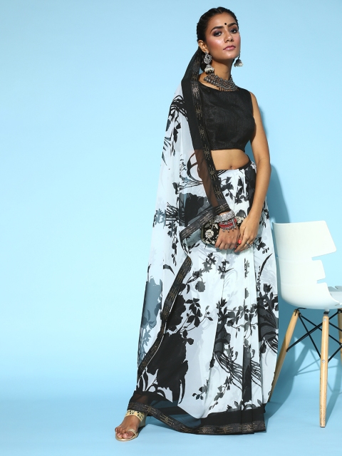 Tikhi Imli Floral Saree with Embellished border, White