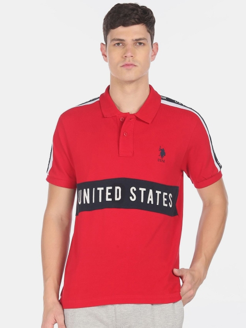 U.S. Polo Assn. Men Red & Black Typography Printed Polo Collar Cotton T-shirt