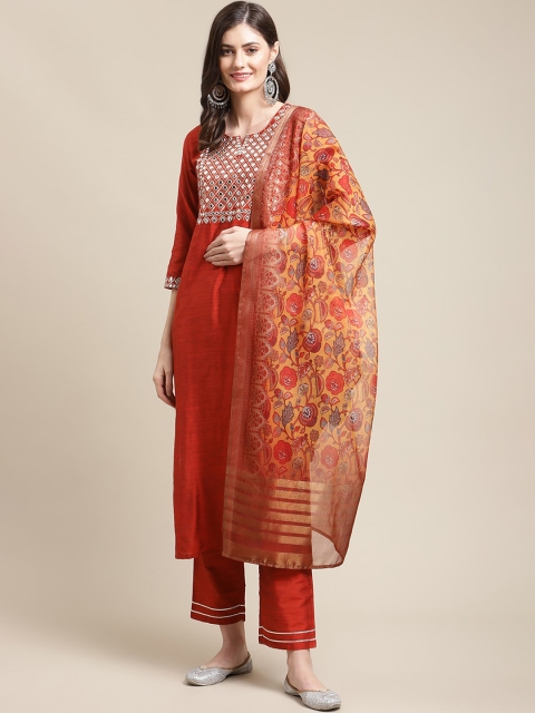 Varanga Women Rust Yoke Design Mirror Work Kurta with Trousers & With Dupatta
