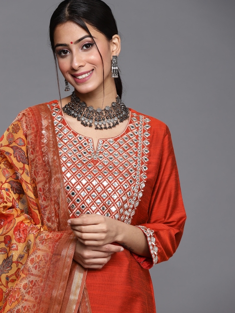 Varanga Women Rust Red & Silver Yoke Design Mirror Work Straight Kurta Trousers & Dupatta
Varanga Women Rust Red & Silver Yoke Design Mirror Work Straight Kurta Trousers & Dupatta