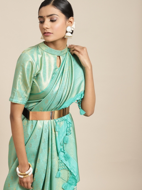 BharatSthali Sea Green Woven Design Zari Silk Blend Kanjeevaram Saree