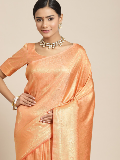 BharatSthali Peach-Coloured & Gold-Toned Woven Design Zardozi Silk Blend Kanjeevaram Saree
BharatSthali Peach-Coloured & Gold-Toned Woven Design Zardozi Silk Blend Kanjeevaram Saree