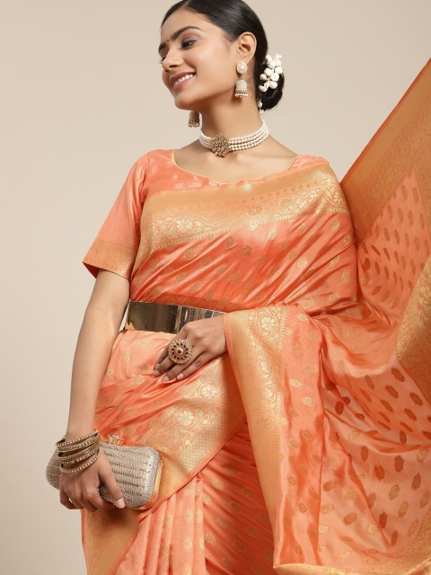 BharatSthali Peach-Coloured & Gold-Toned Woven Design Zardozi Silk Blend Kanjeevaram Saree
BharatSthali Peach-Coloured & Gold-Toned Woven Design Zardozi Silk Blend Kanjeevaram Saree