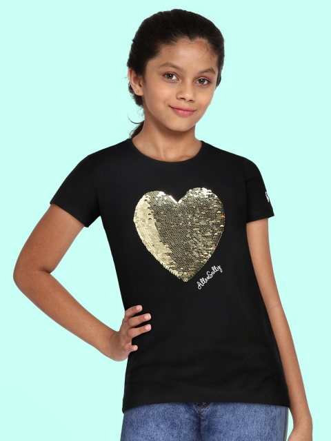 Allen Solly Junior Girls Black Embellished Pure Cotton T-shirt