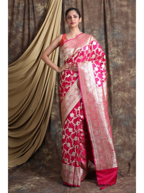 Charukriti Pink & Gold-Toned Woven Design Pure Silk Saree