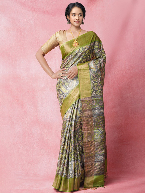 Unnati Silks Green & Cream-Coloured Ethnic Motifs Printed Pure Silk Handloom Tussar Saree
Unnati Silks Green & Cream-Coloured Ethnic Motifs Printed Pure Silk Handloom Tussar Saree