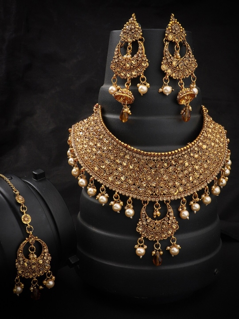 ANIKAS CREATION Gold-Plated & Off-White Stone-Studded & Beaded Jewellery Set