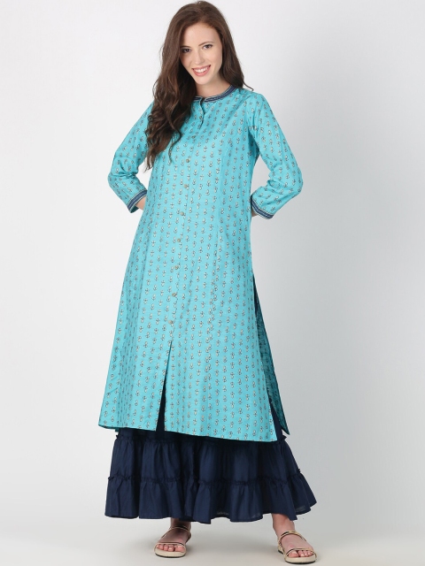 Saffron Threads Women Turquoise Blue & Golden Ethnic Motifs Printed Thread Work Kurta
Saffron Threads Women Turquoise Blue & Golden Ethnic Motifs Printed Thread Work Kurta