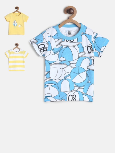 MINI KLUB Boys Yellow & Blue Typography Set Of 3 Striped Cotton T-shirt