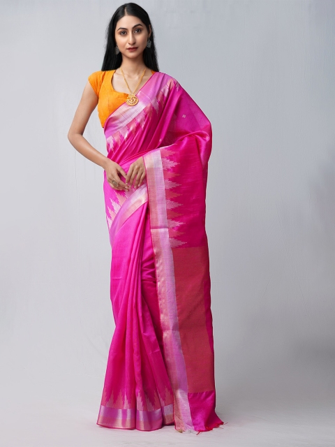 Unnati Silks Women Pink Woven Design Bengal Linen Saree