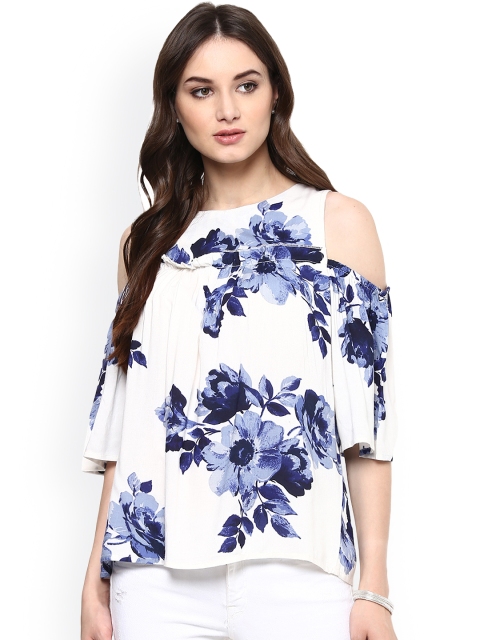 Harpa Women White & Blue Printed Cold Shoulder Top