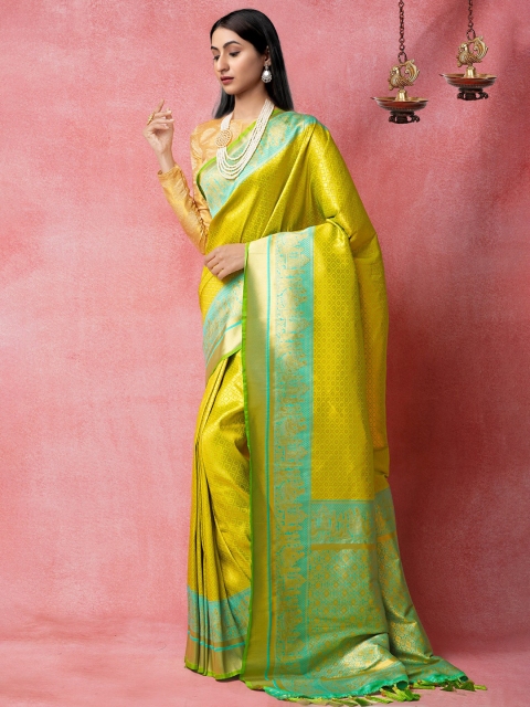 Unnati Silks Green & Gold-Toned Ethnic Motifs Zari Silk Cotton Kanjeevaram Saree
Unnati Silks Green & Gold-Toned Ethnic Motifs Zari Silk Cotton Kanjeevaram Saree