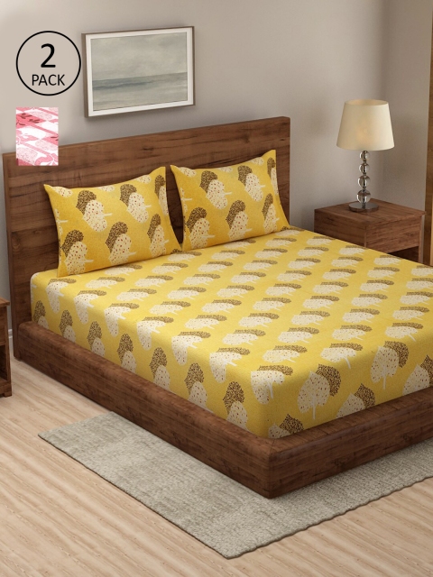 Dhrohar Red & Yellow Floral 250 TC 2 King Bedsheet with 4 Pillow Covers