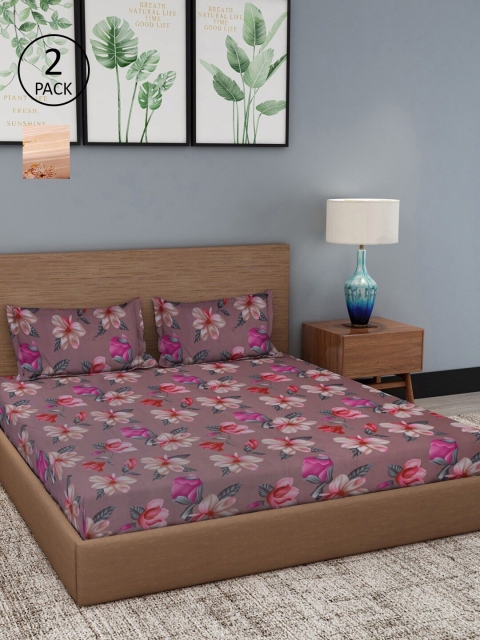 Dhrohar Mauve & Cream-Coloured Floral 180 TC 2 King Bedsheet with 4 Pillow Covers