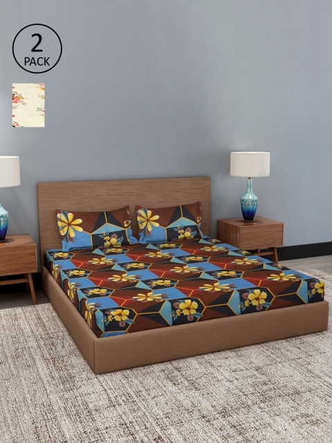 Dhrohar Multicoloured Floral 180 TC 2 King Bedsheet with 4 Pillow Covers, Multi
