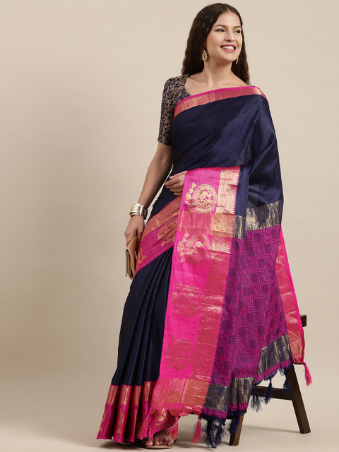 Satrani Navy Blue & Pink Ethnic Motifs Woven Design Jacquard Silk Cotton Banarasi Saree
Satrani Navy Blue & Pink Ethnic Motifs Woven Design Jacquard Silk Cotton Banarasi Saree