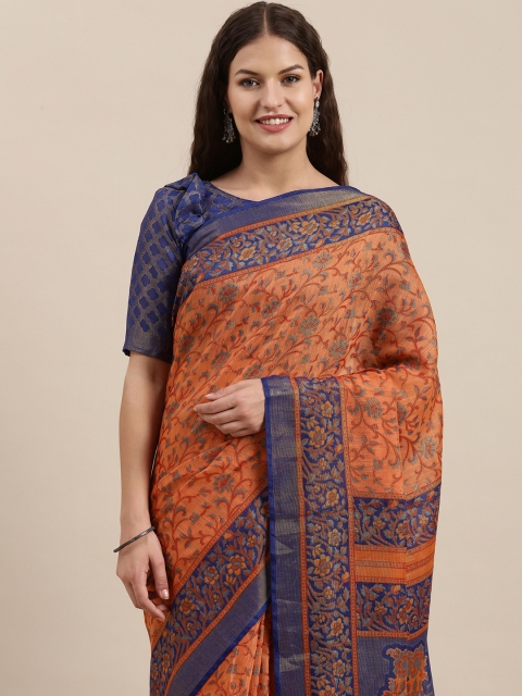Satrani Peach-Coloured & Blue Floral Woven Saree