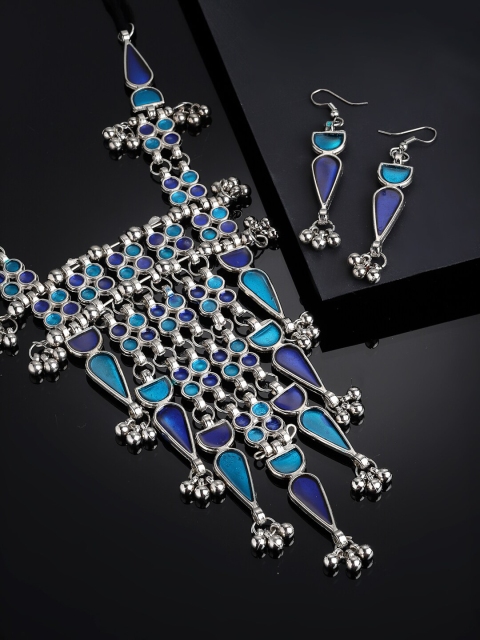 NEUDIS Silver-Toned Blue Stone Studded Jewellery Set
