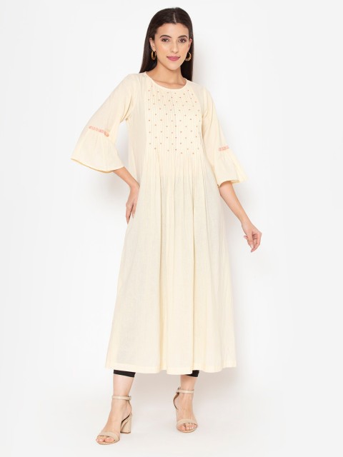 Ekmatra Women Cream-Coloured Pin-Tuck Bell Sleeves Thread Work Pure Cotton A-line Kurta
Ekmatra Women Cream-Coloured Pin-Tuck Bell Sleeves Thread Work Pure Cotton A-line Kurta