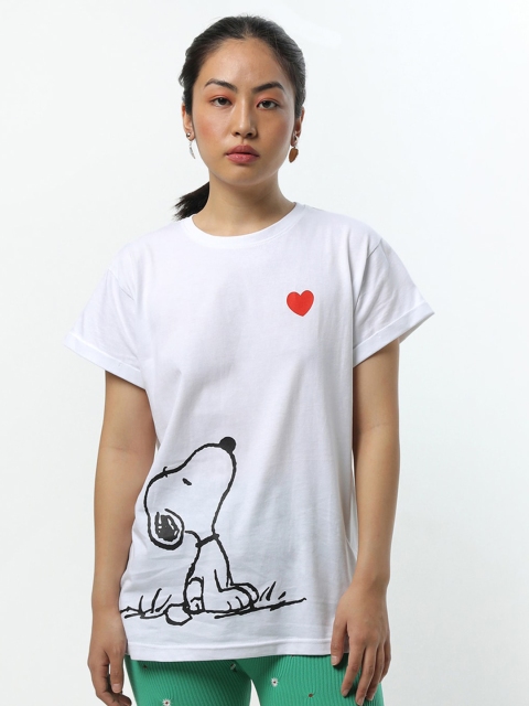Bewakoof Women White & Black Peanuts Printed Drop-Shoulder Sleeves Pure Cotton T-shirt
Bewakoof Women White & Black Peanuts Printed Drop-Shoulder Sleeves Pure Cotton T-shirt