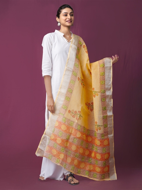Unnati Silks Orange & Green Ethnic Motifs Printed Linen Block Print Dupatta with Zari
Unnati Silks Orange & Green Ethnic Motifs Printed Linen Block Print Dupatta with Zari
