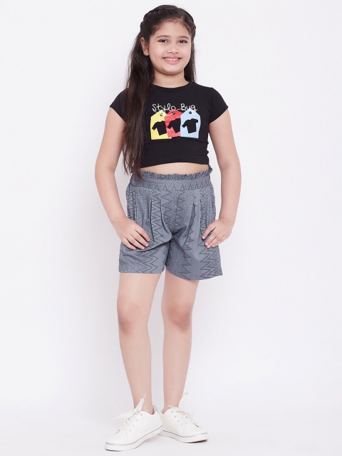 Stylo Bug Girls Yellow & Black Printed Top with Shorts