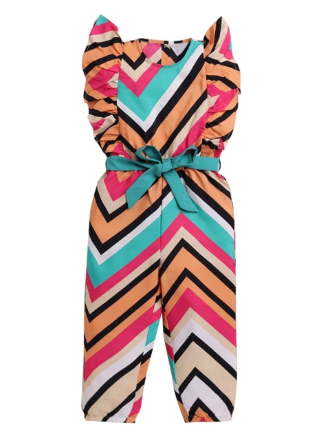 Hopscotch Girls Blue & Orange Striped Jumpsuit with Ruffles
