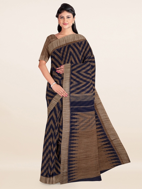 Pothys Navy Blue & Brown Printed Silk Cotton Saree