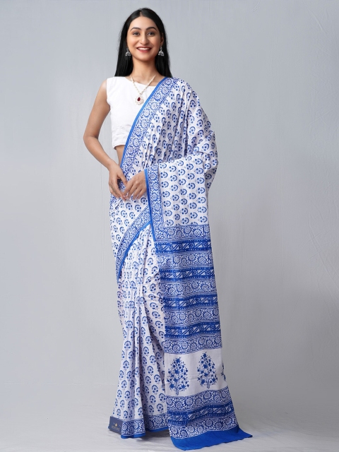 Unnati Silks White & Blue Ethnic Motifs Pure Cotton Handloom Sustainable Block Print Saree
Unnati Silks White & Blue Ethnic Motifs Pure Cotton Handloom Sustainable Block Print Saree