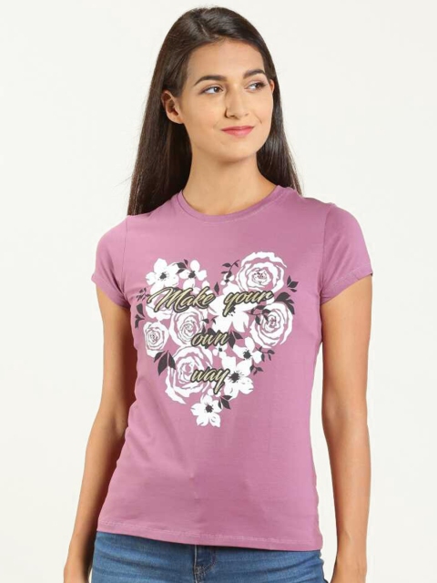 LYRA Women Purple Floral Printed Slim Fit T-shirt