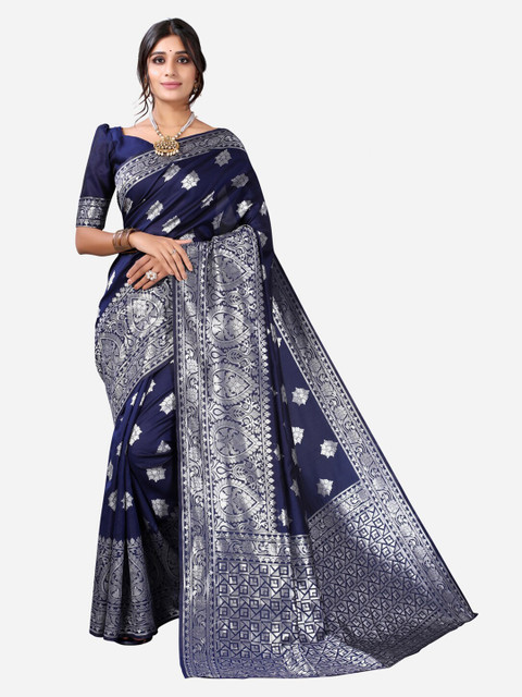 KALINI Navy Blue & Silver-Toned Ethnic Motifs Zari Jacquard Saree 
KALINI Navy Blue & Silver-Toned Ethnic Motifs Zari Jacquard Saree