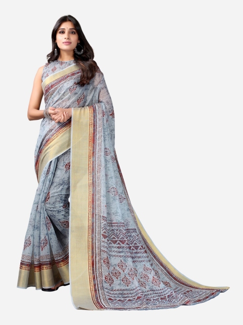 KALINI Grey & Maroon Floral Zari Saree